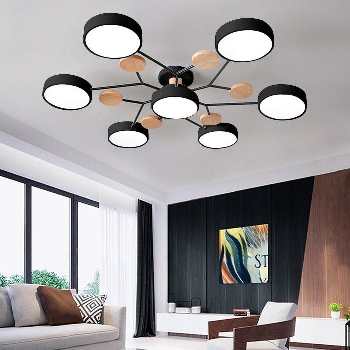 Modern Circular Multi-Light LED Ceiling Light with Wood Accents