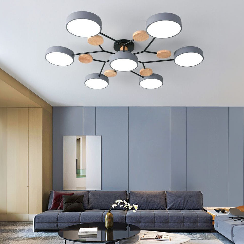 Modern Circular Multi-Light LED Ceiling Light with Wood Accents