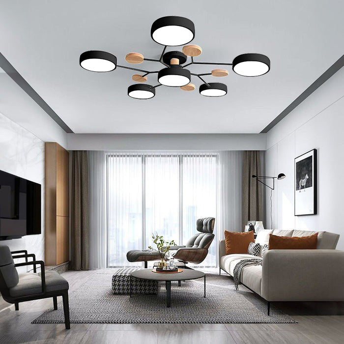 Modern Circular Multi-Light LED Ceiling Light with Wood Accents