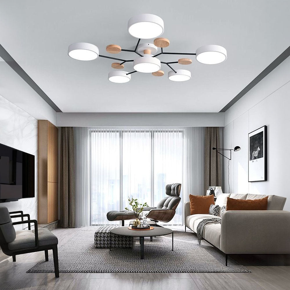 Modern Circular Multi-Light LED Ceiling Light with Wood Accents