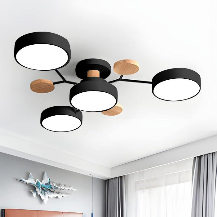 Modern Circular Multi-Light LED Ceiling Light with Wood Accents