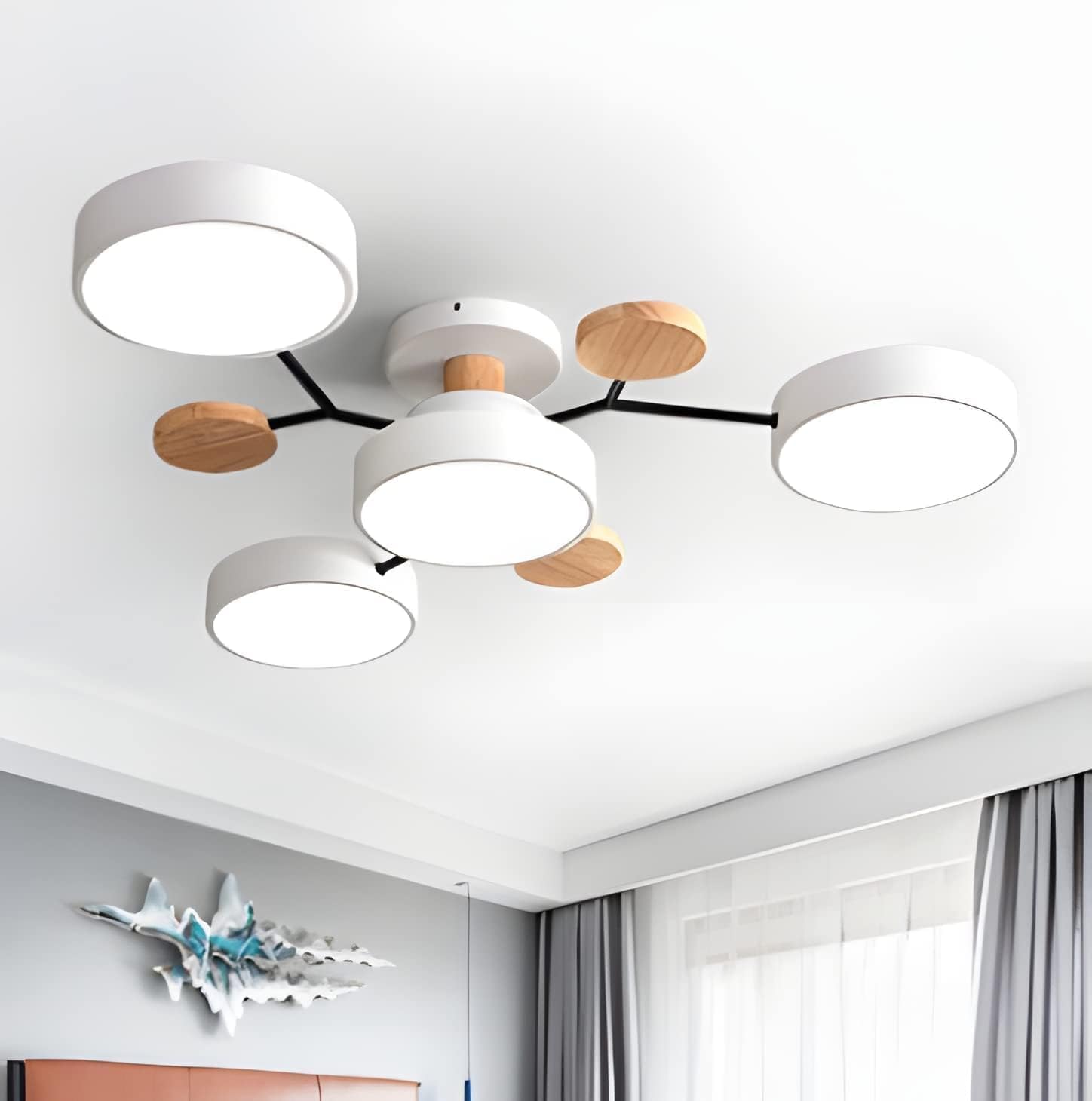 Modern Circular Multi-Light LED Ceiling Light with Wood Accents