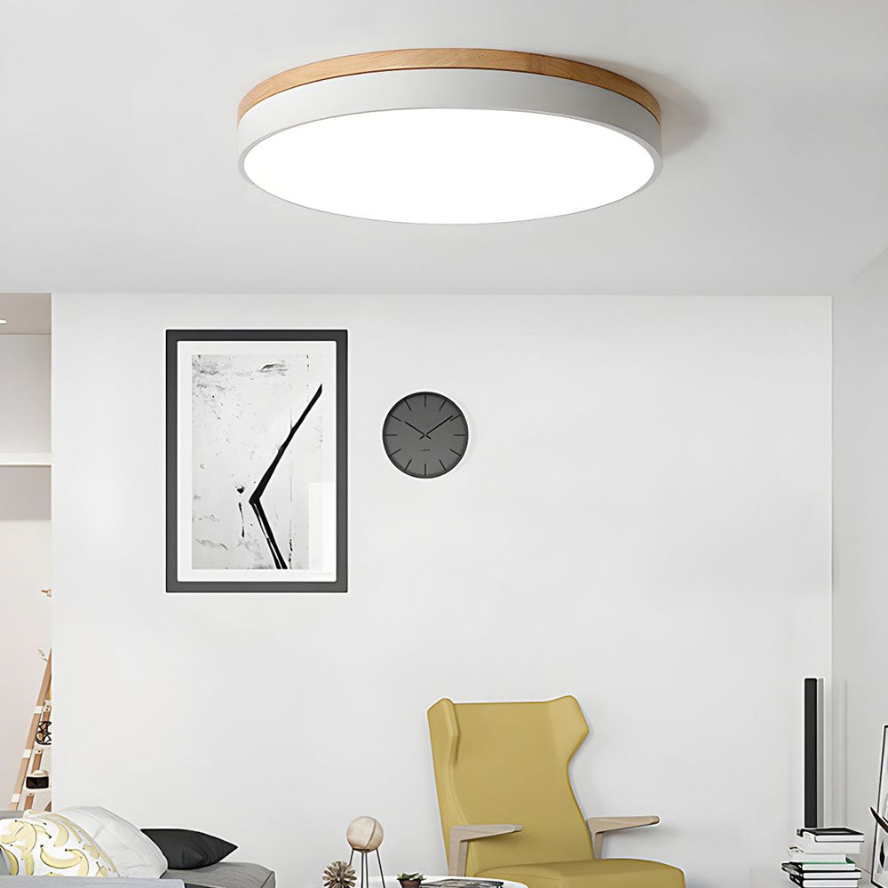 Modern Wood Trim LED Flush Ceiling Light – Round Low Profile Fixture