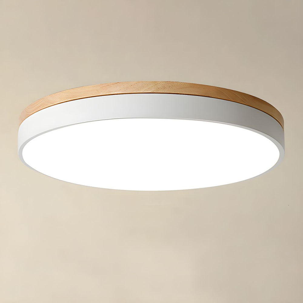 Modern Wood Trim LED Flush Ceiling Light – Round Low Profile Fixture