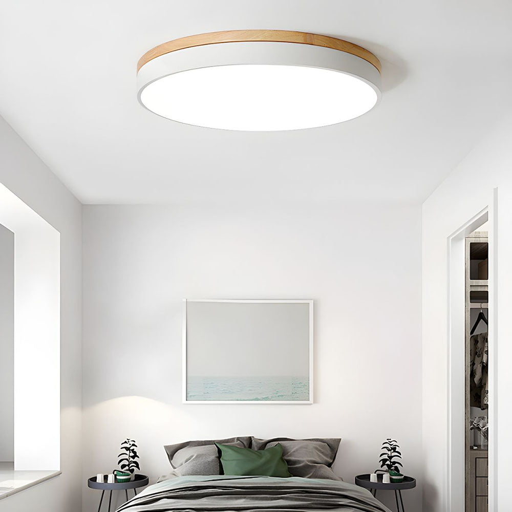 Modern Wood Trim LED Flush Ceiling Light – Round Low Profile Fixture