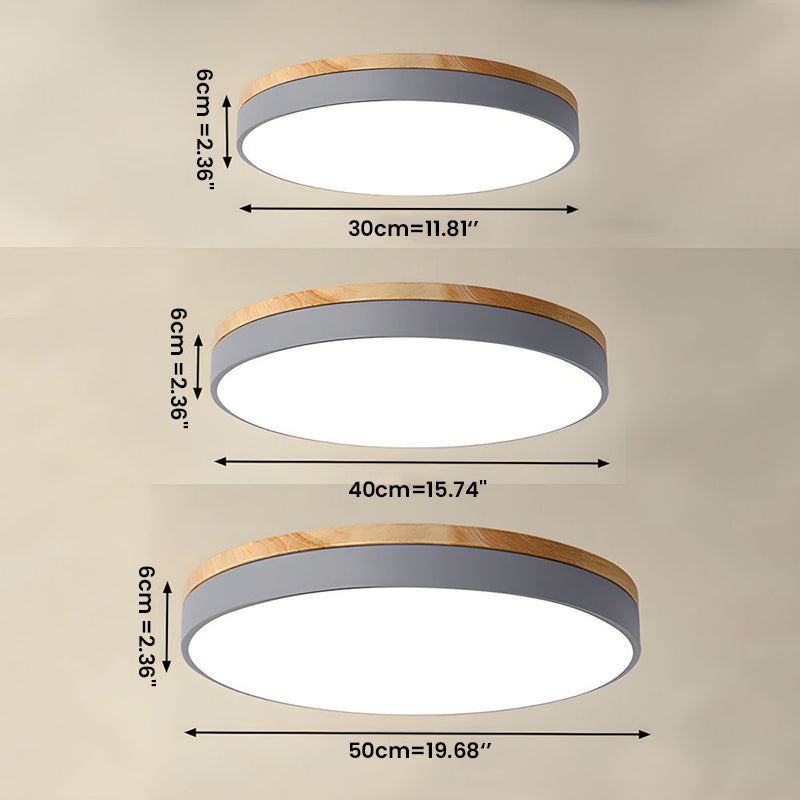 Modern Wood Trim LED Flush Ceiling Light – Round Low Profile Fixture