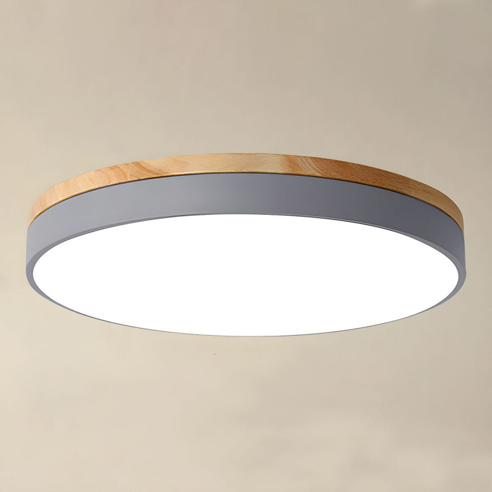 Modern Wood Trim LED Flush Ceiling Light – Round Low Profile Fixture