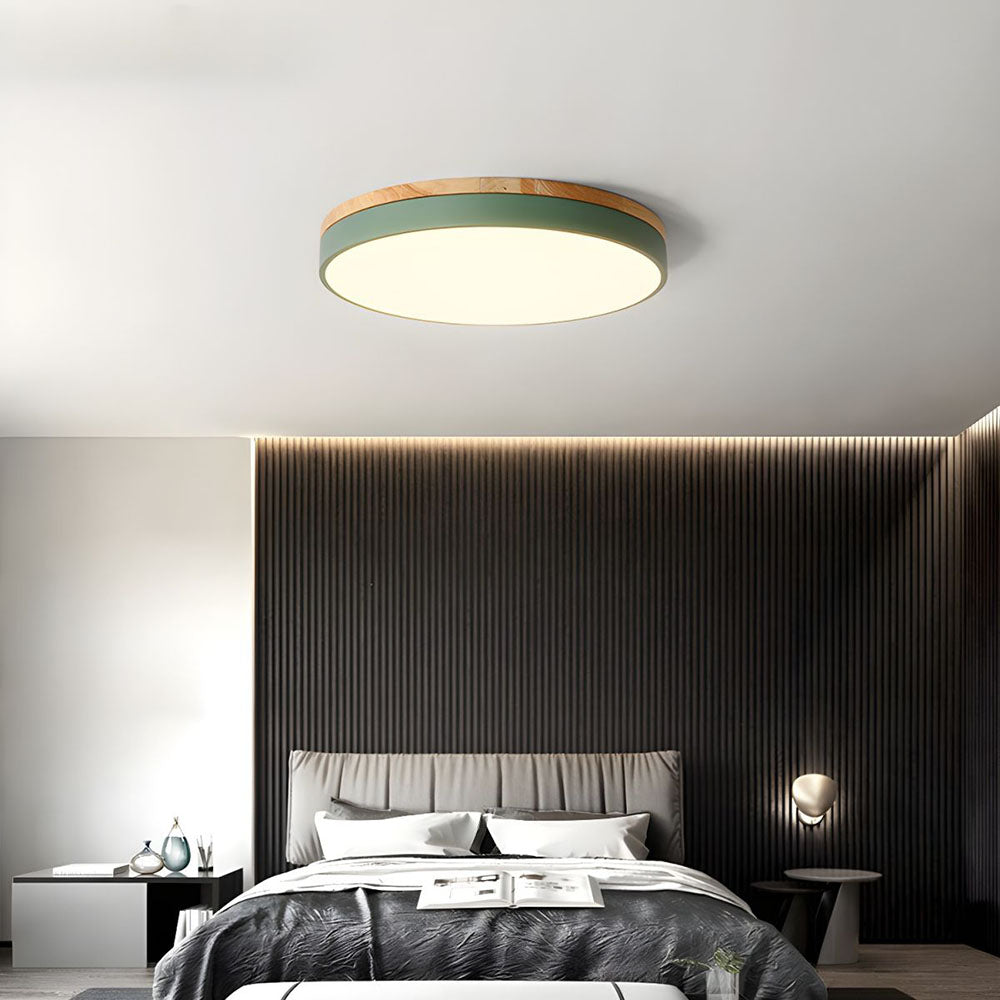 Modern Wood Trim LED Flush Ceiling Light – Round Low Profile Fixture