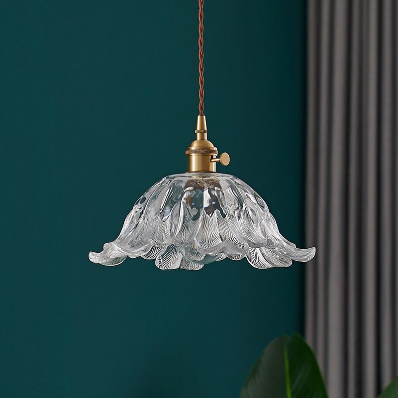 Vintage Flower Glass Pendant Light in Brass Finish