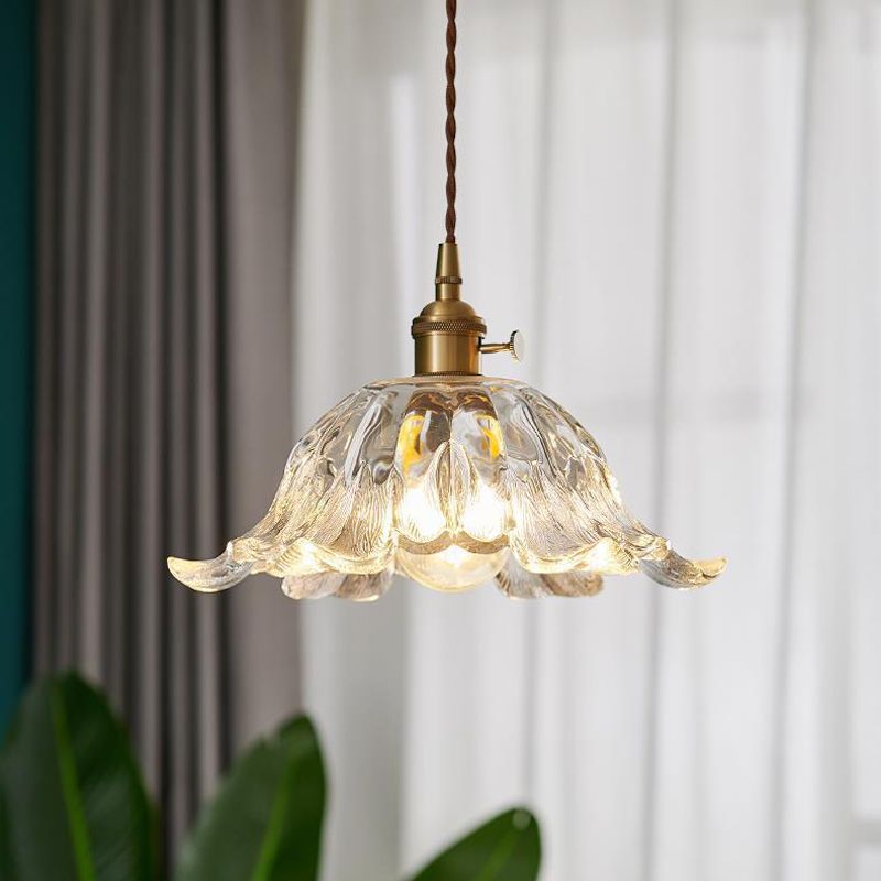 Vintage Flower Glass Pendant Light in Brass Finish