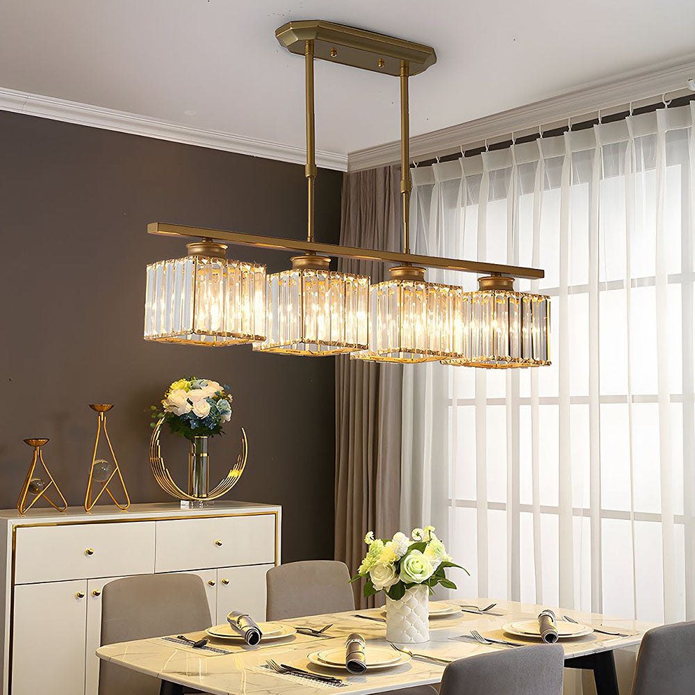 Modern Linear Glass Chandelier – 3 / 4 Light Island Pendant (Round or Square Frame)