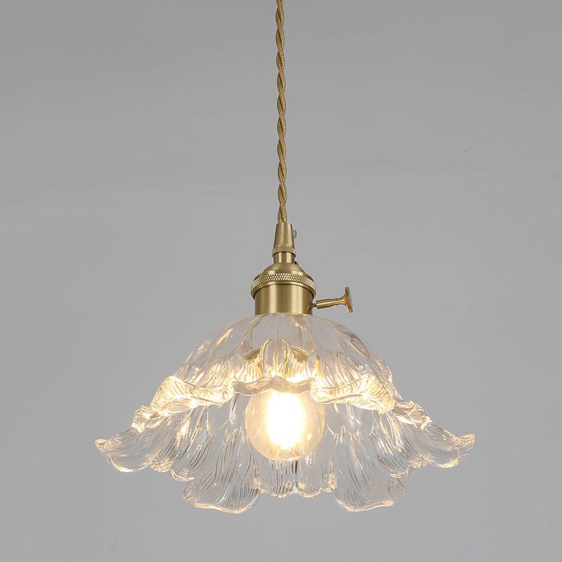 Vintage Flower Glass Pendant Light in Brass Finish