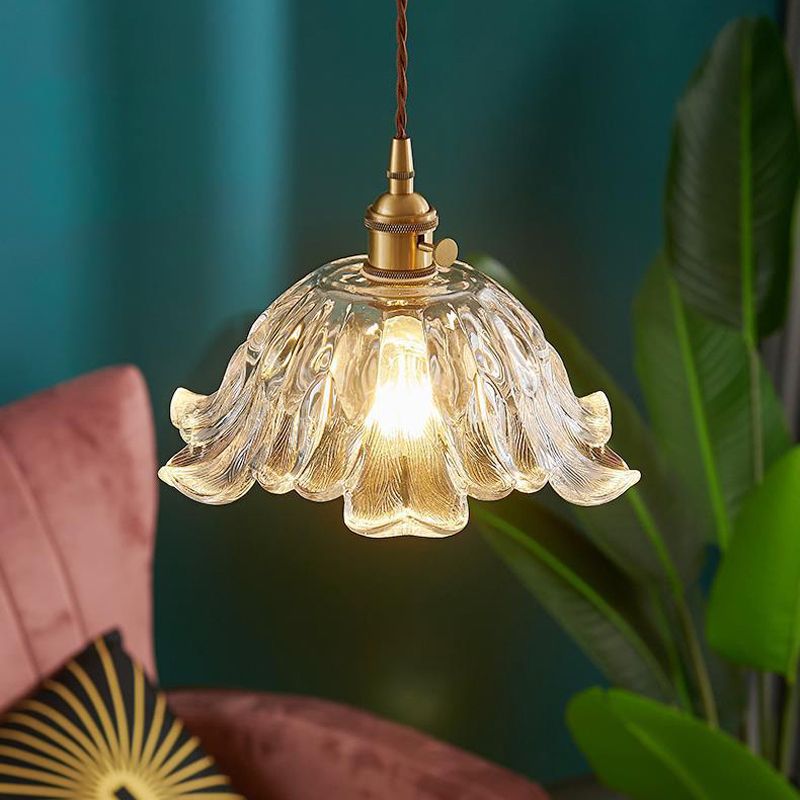Vintage Flower Glass Pendant Light in Brass Finish