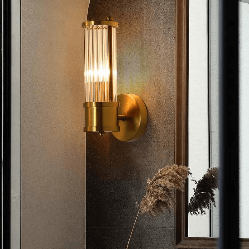 Vertical Brass & Ribbed Glass Wall Sconce