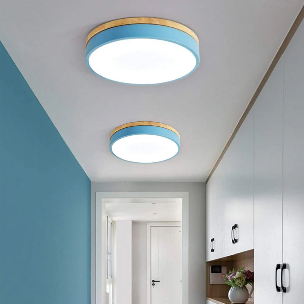 Modern Wood Trim LED Flush Ceiling Light – Round Low Profile Fixture