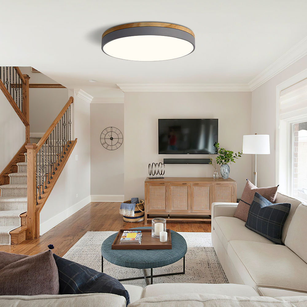 Modern Wood Trim LED Flush Ceiling Light – Round Low Profile Fixture