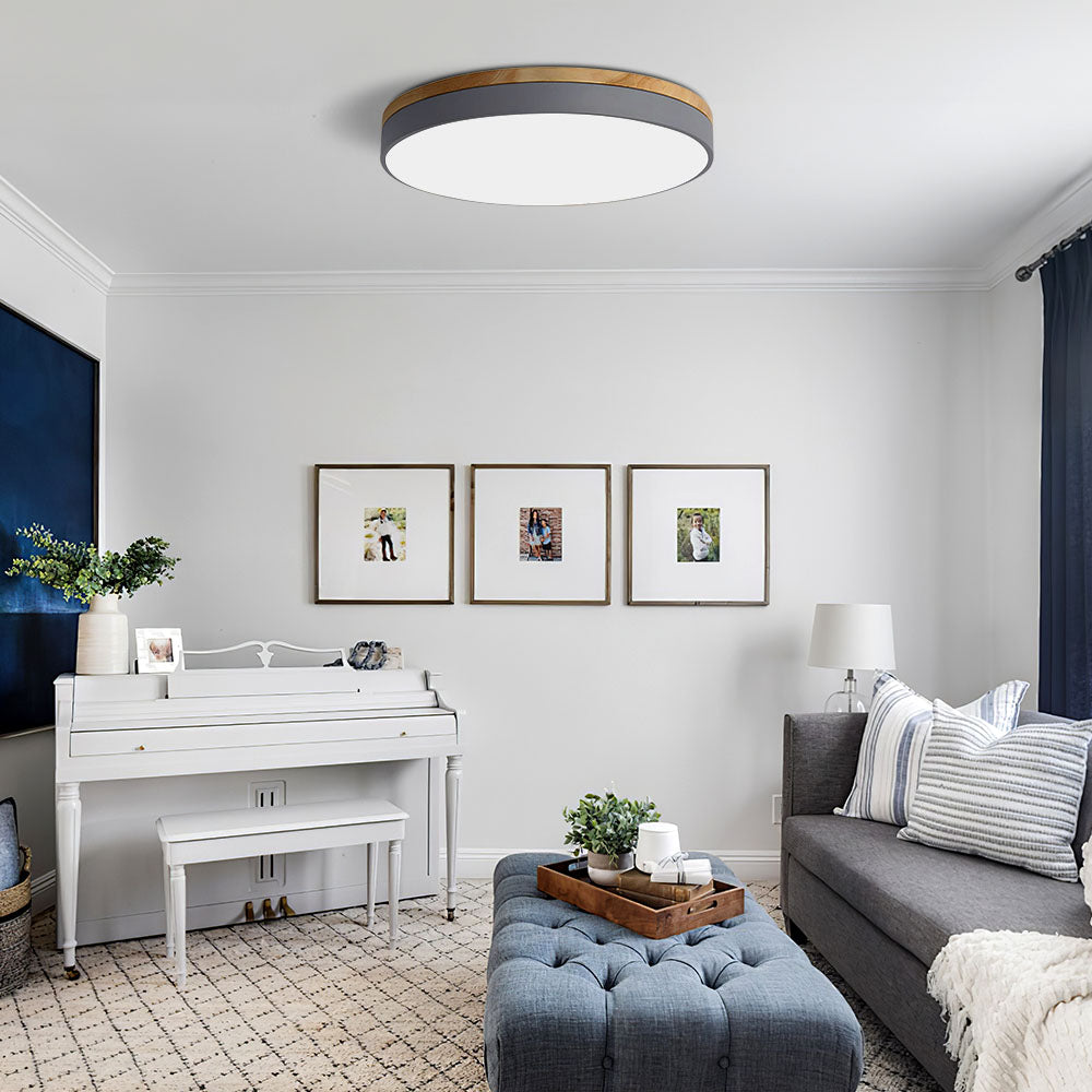 Modern Wood Trim LED Flush Ceiling Light – Round Low Profile Fixture