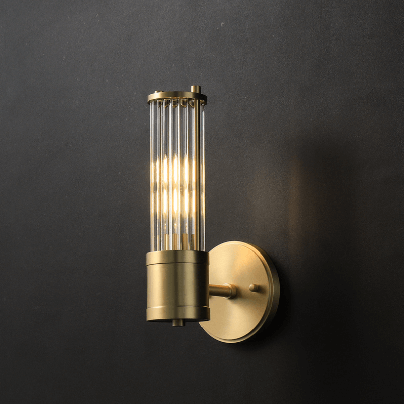 Vertical Brass & Ribbed Glass Wall Sconce
