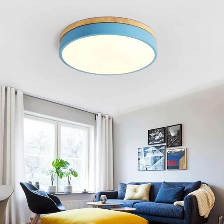 Modern Wood Trim LED Flush Ceiling Light – Round Low Profile Fixture