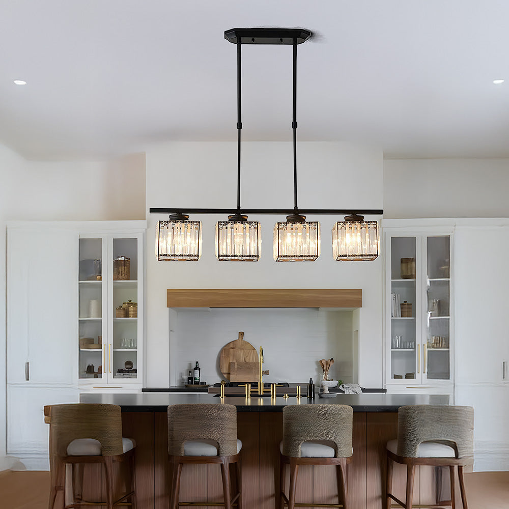 Modern Linear Glass Chandelier – 3 / 4 Light Island Pendant (Round or Square Frame)
