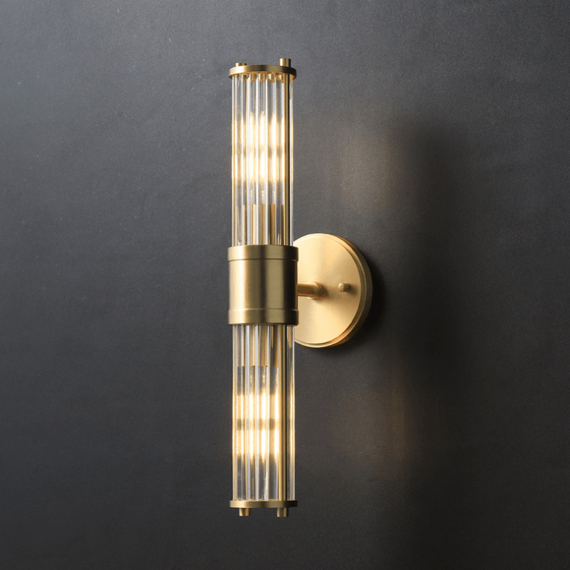 Vertical Brass & Ribbed Glass Wall Sconce