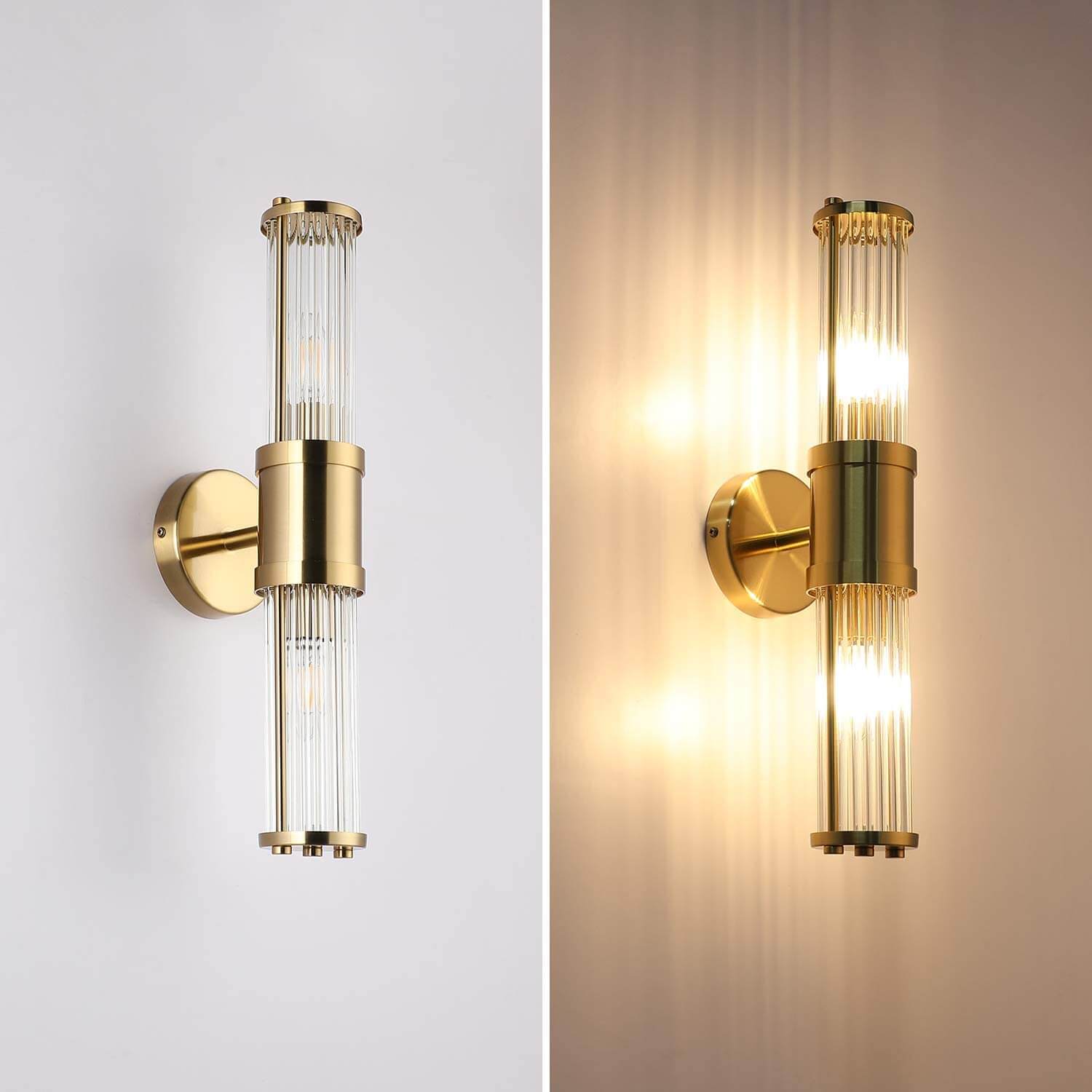 Vertical Brass & Ribbed Glass Wall Sconce