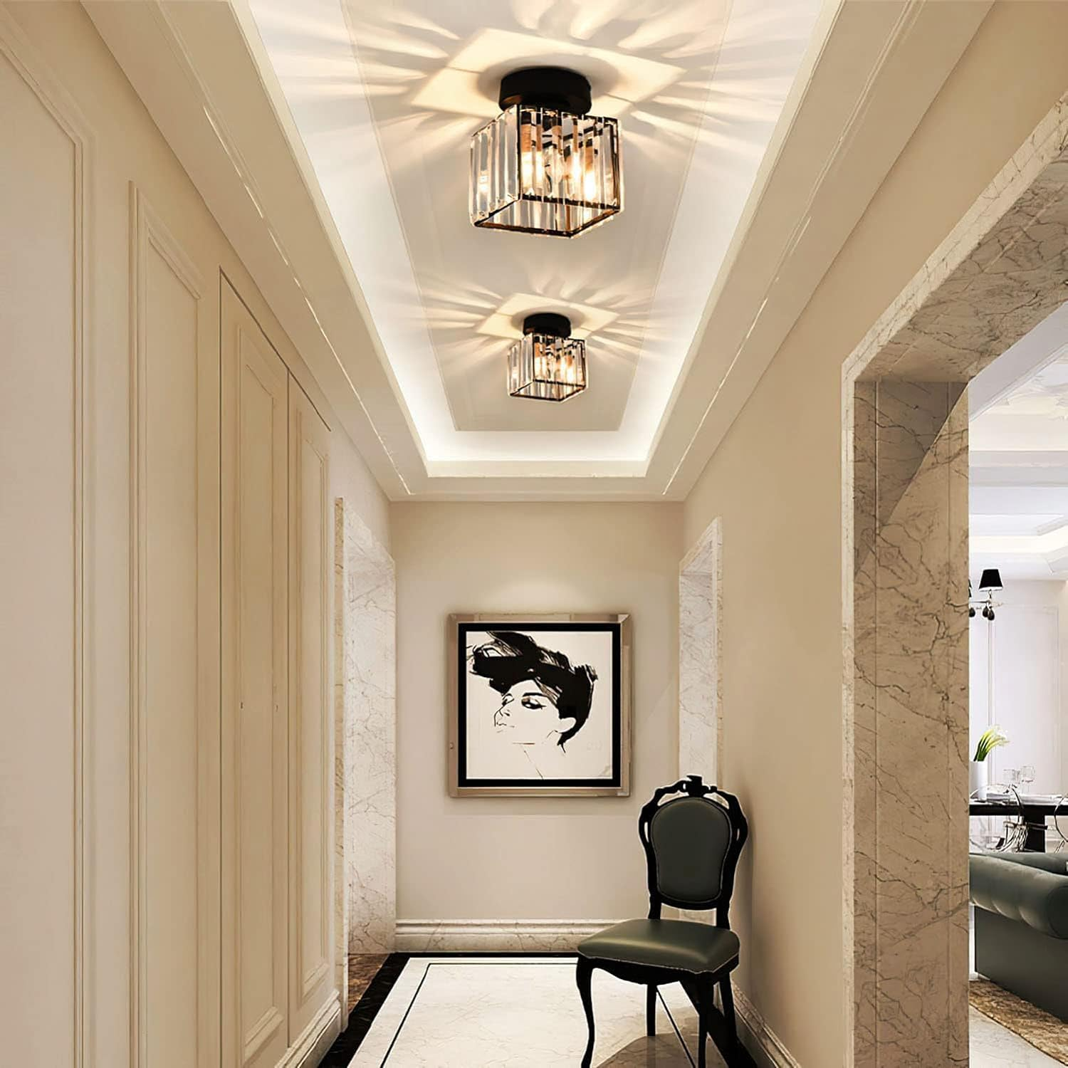 Modern Crystal Flush Mount Ceiling Light – Square Hallway Fixture