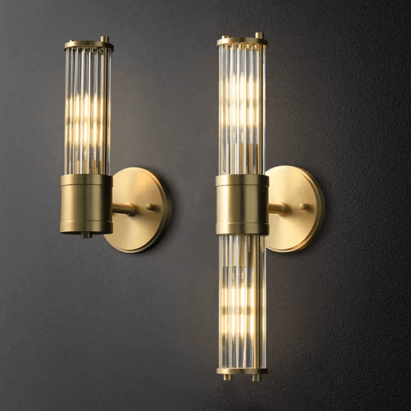 Vertical Brass & Ribbed Glass Wall Sconce