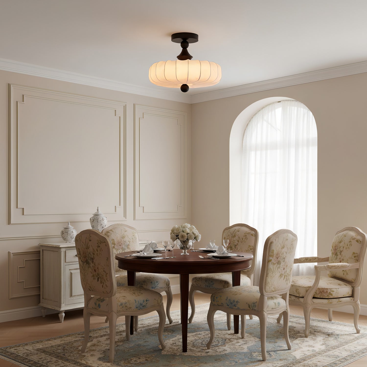 Anela Semi-Flush Ceiling Light with Floral Fabric Shade and Wood Accent