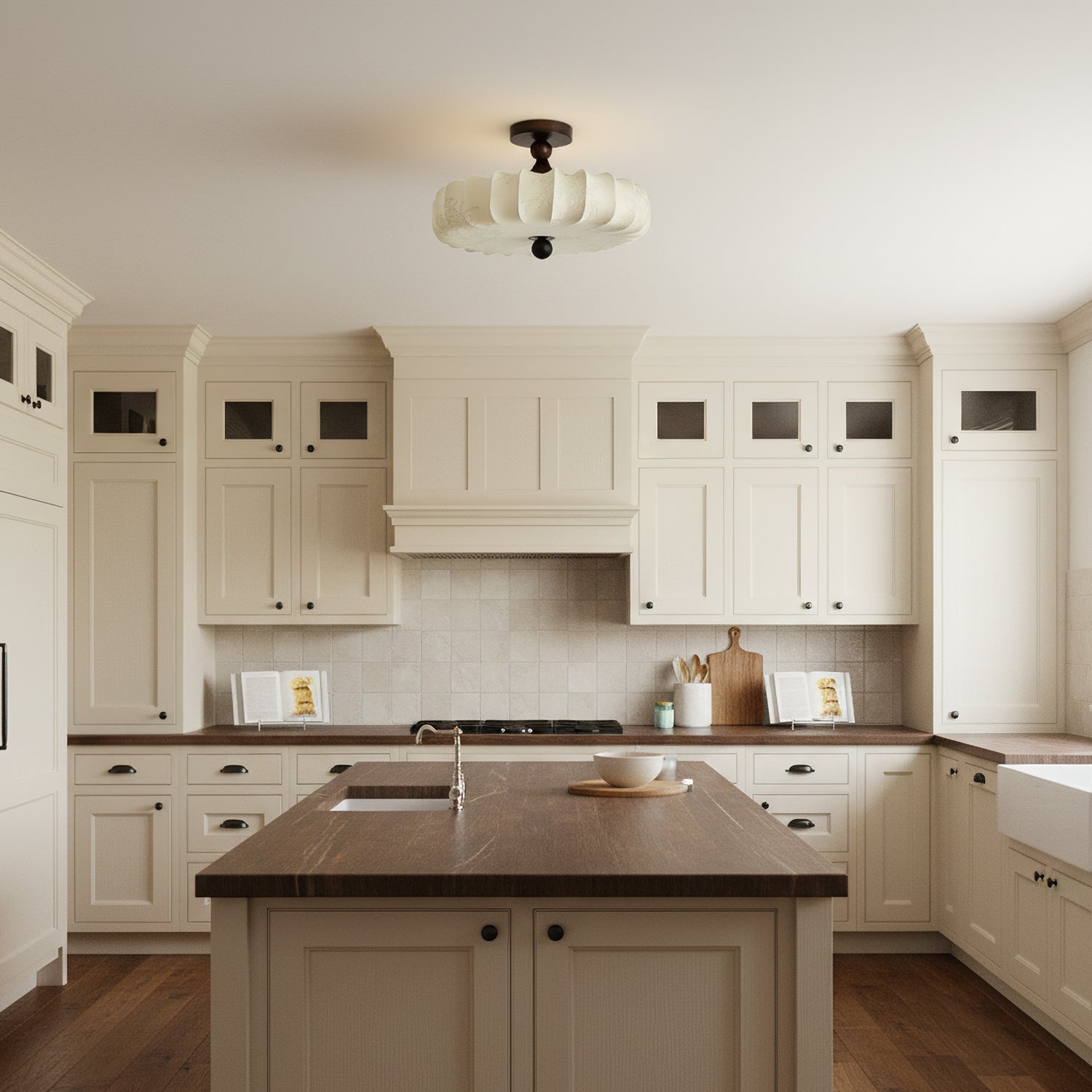 Anela Semi-Flush Ceiling Light with Floral Fabric Shade and Wood Accent