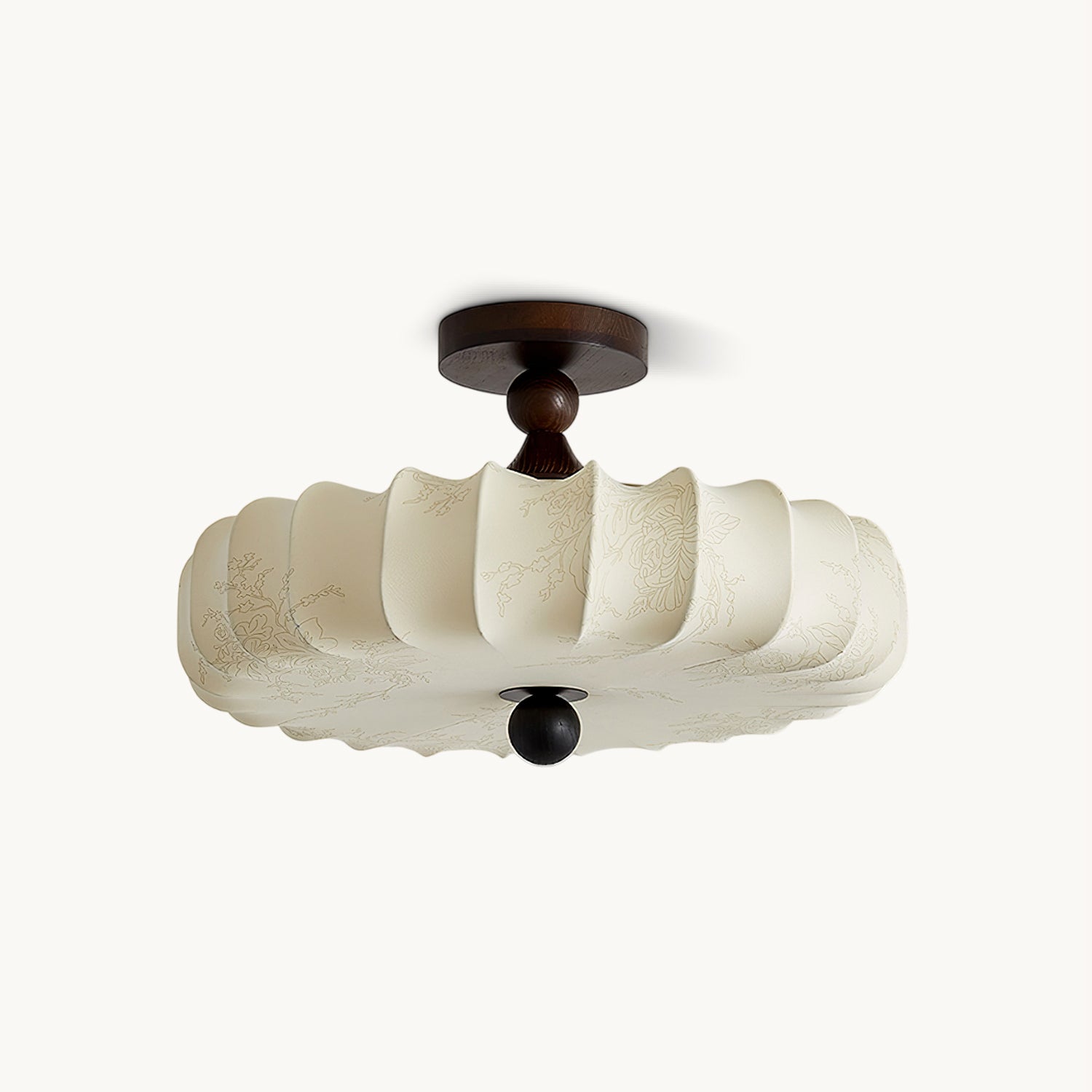Anela Semi-Flush Ceiling Light with Floral Fabric Shade and Wood Accent