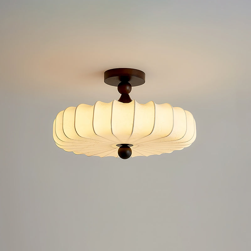 Anela Semi-Flush Ceiling Light with Floral Fabric Shade and Wood Accent