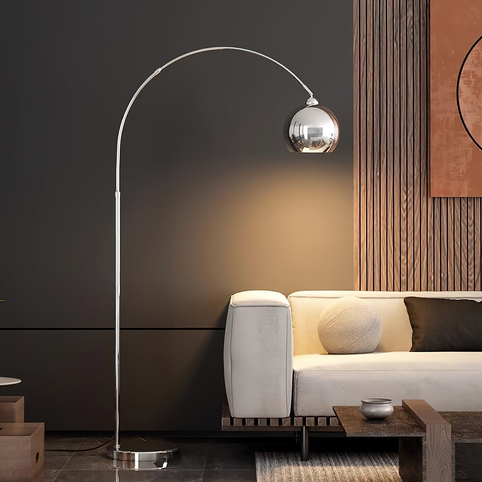 Angler Arc Floor Lamp in Metal with Dome Shade for Modern Interiors