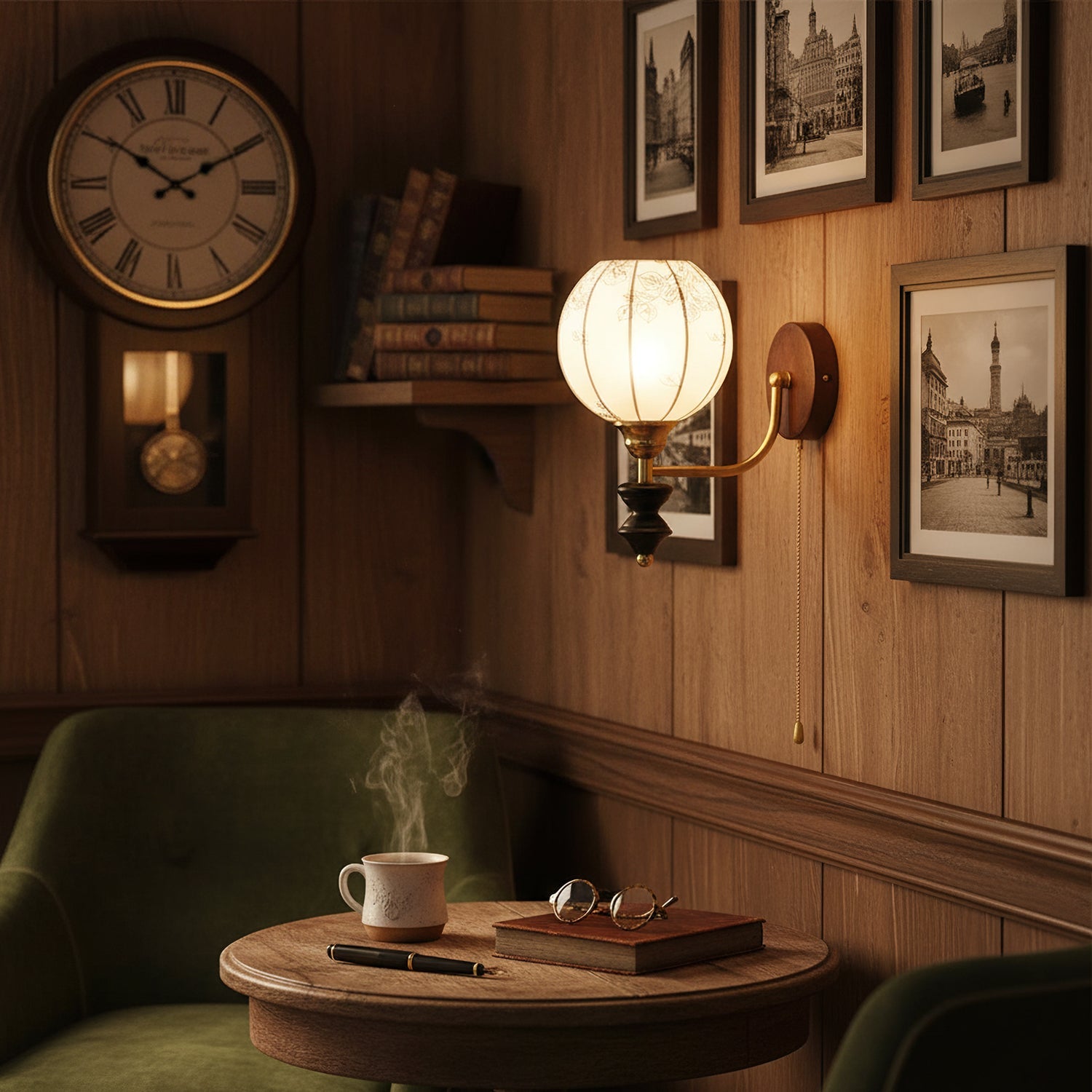 Celine Vintage Wall Light in Antique Brass and Walnut with Floral Glass Shade