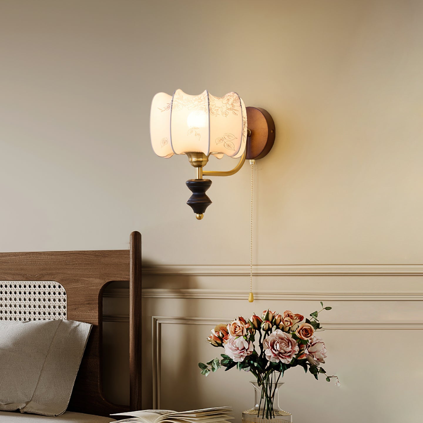 Celine Vintage Wall Light in Antique Brass and Walnut with Floral Glass Shade