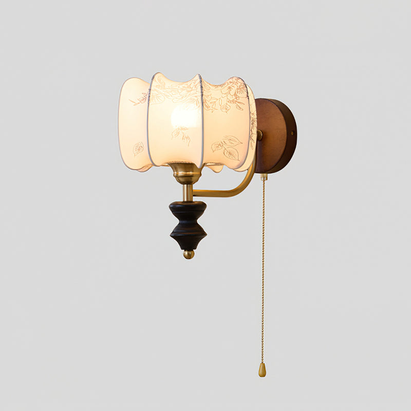 Celine Vintage Wall Light in Antique Brass and Walnut with Floral Glass Shade