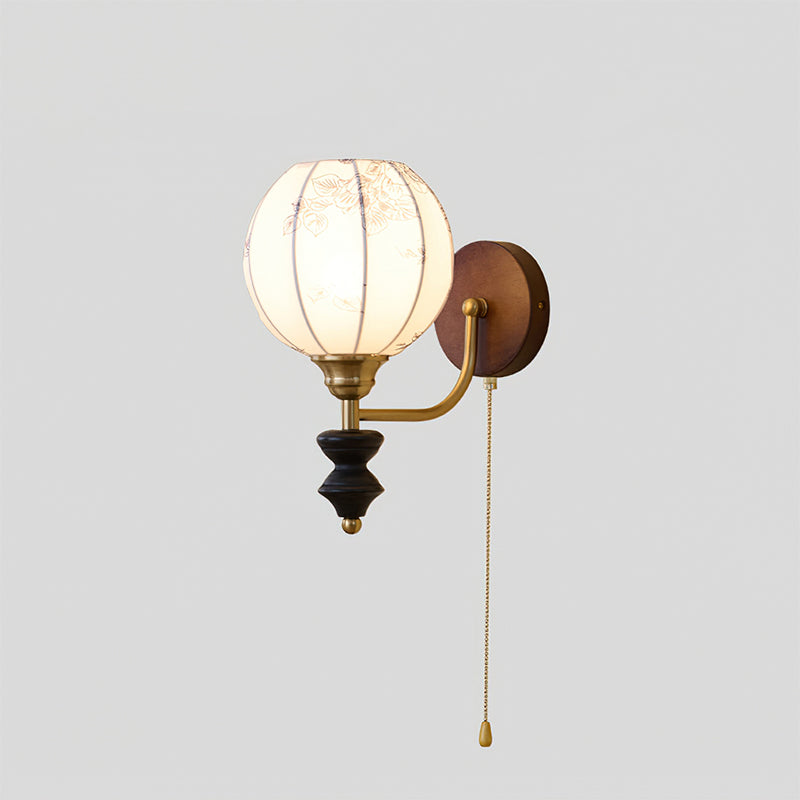 Celine Vintage Wall Light in Antique Brass and Walnut with Floral Glass Shade