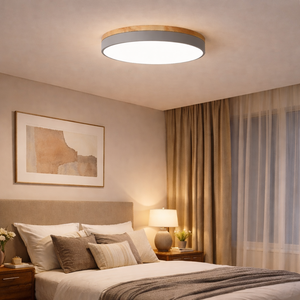 Modern Wood Trim LED Flush Ceiling Light – Round Low Profile Fixture