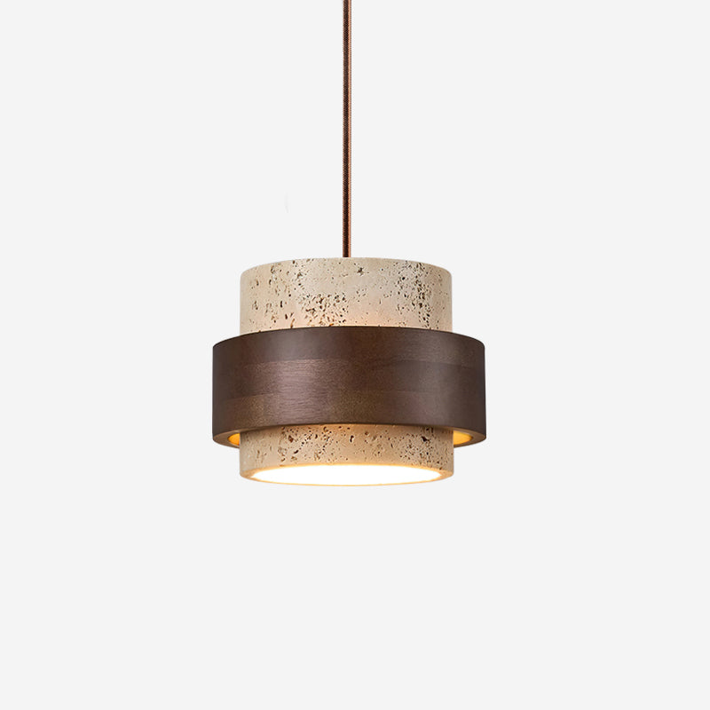 Modern Travertine Wood Pendant Light – Stone Cylinder Ceiling Fixture