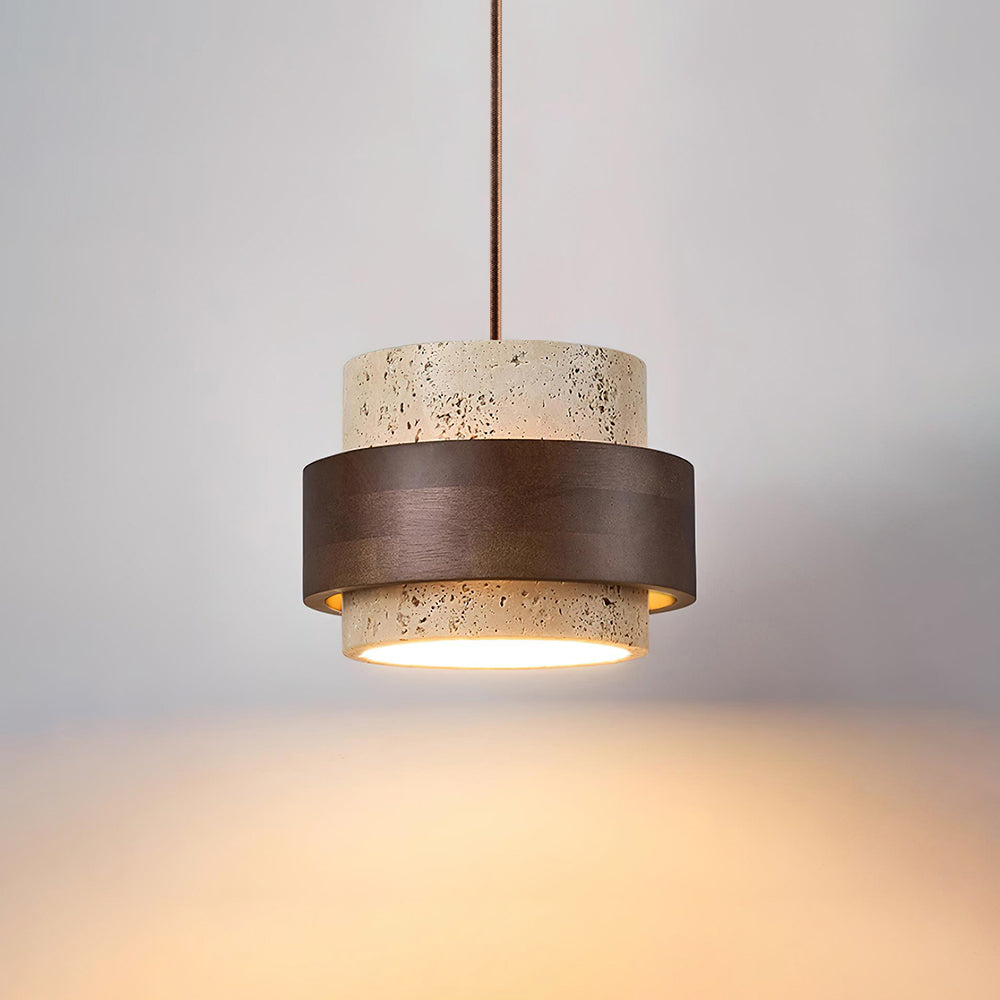 Modern Travertine Wood Pendant Light – Stone Cylinder Ceiling Fixture