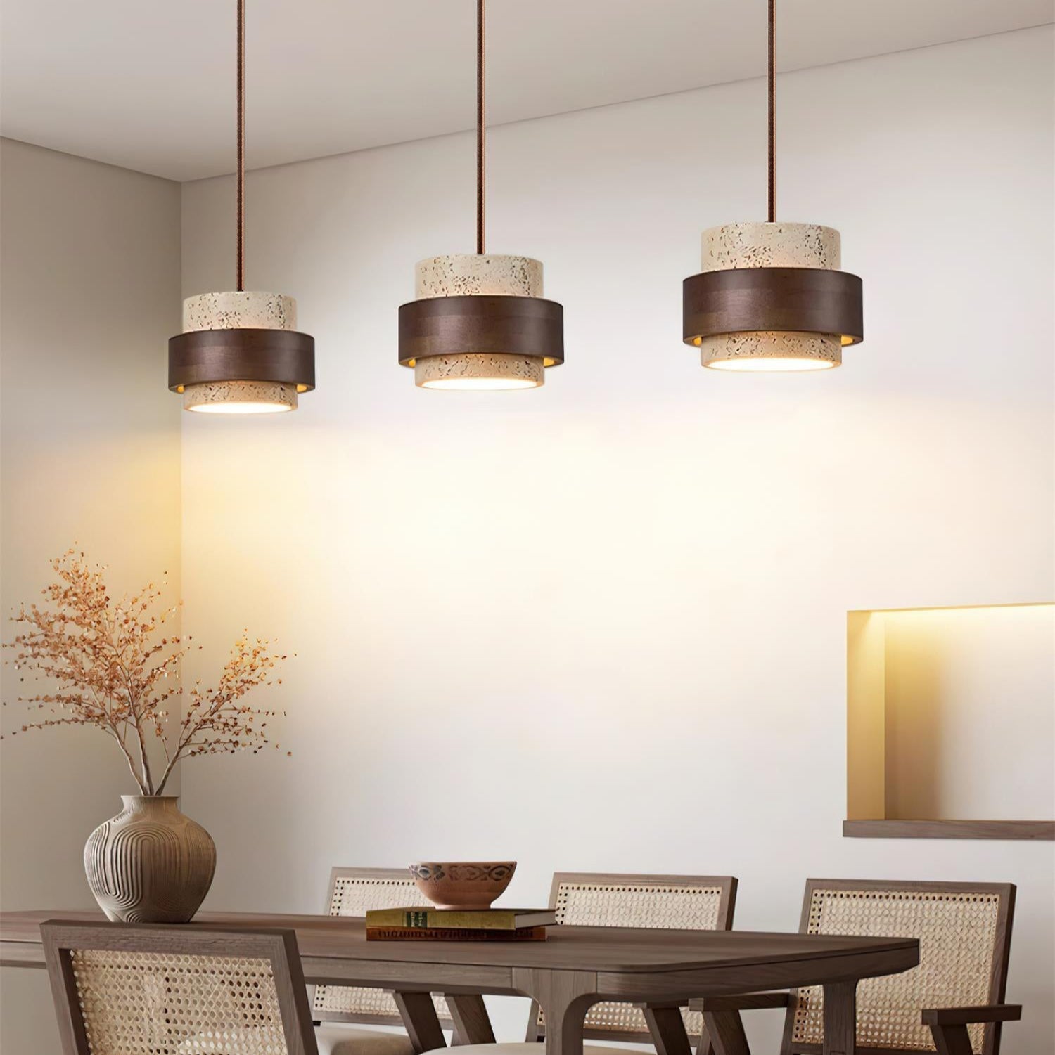 Modern Travertine Wood Pendant Light – Stone Cylinder Ceiling Fixture