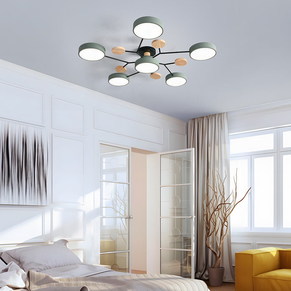 Modern Circular Multi-Light LED Ceiling Light with Wood Accents