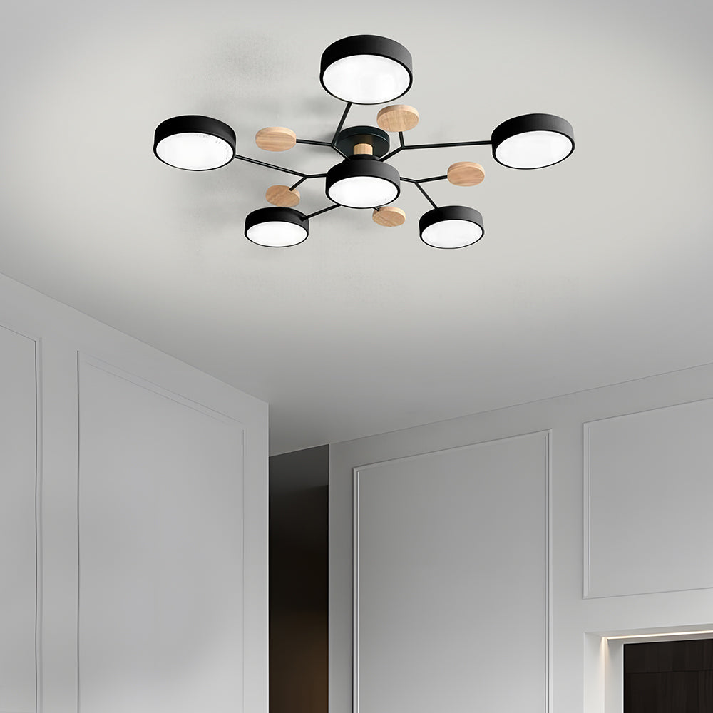 Modern Circular Multi-Light LED Ceiling Light with Wood Accents