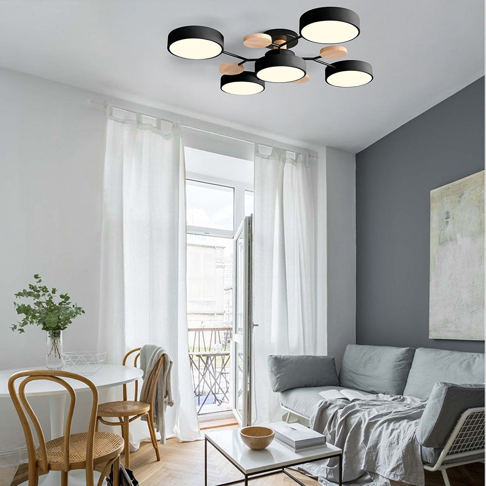Modern Circular Multi-Light LED Ceiling Light with Wood Accents