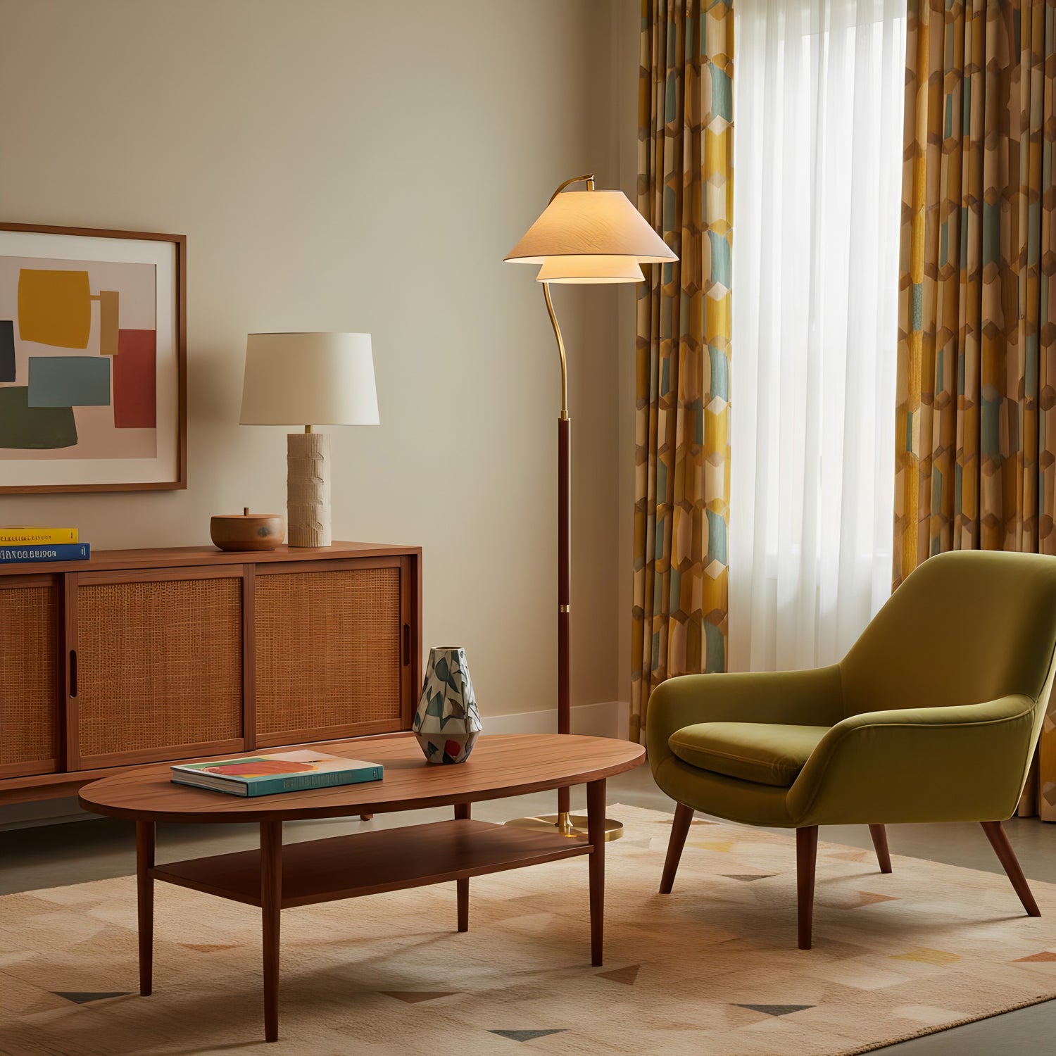 Arched Wood Floor Lamp with Layered Fabric Shade