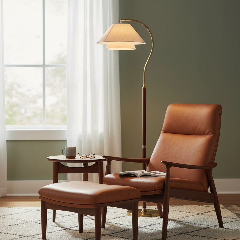 Arched Wood Floor Lamp with Layered Fabric Shade