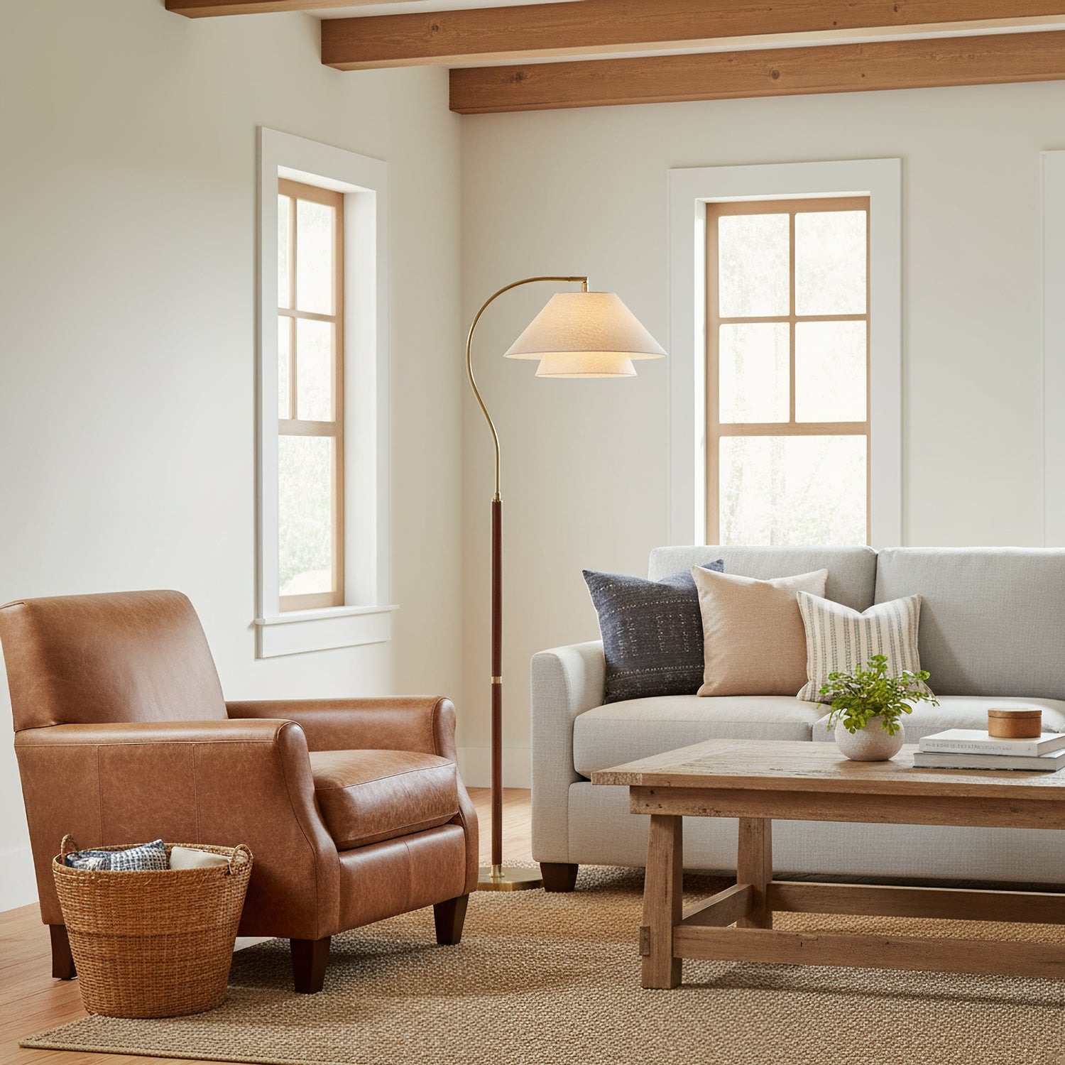 Arched Wood Floor Lamp with Layered Fabric Shade