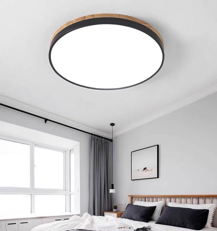 Modern Wood Trim LED Flush Ceiling Light – Round Low Profile Fixture