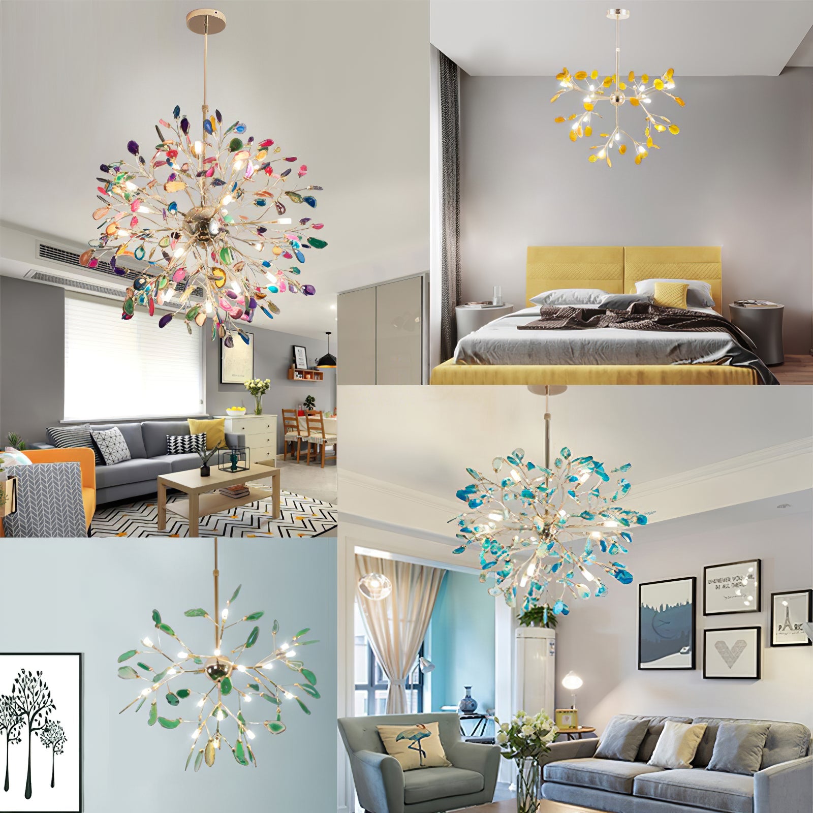 Multicolor Crystal Branch Chandelier in Gold Finish