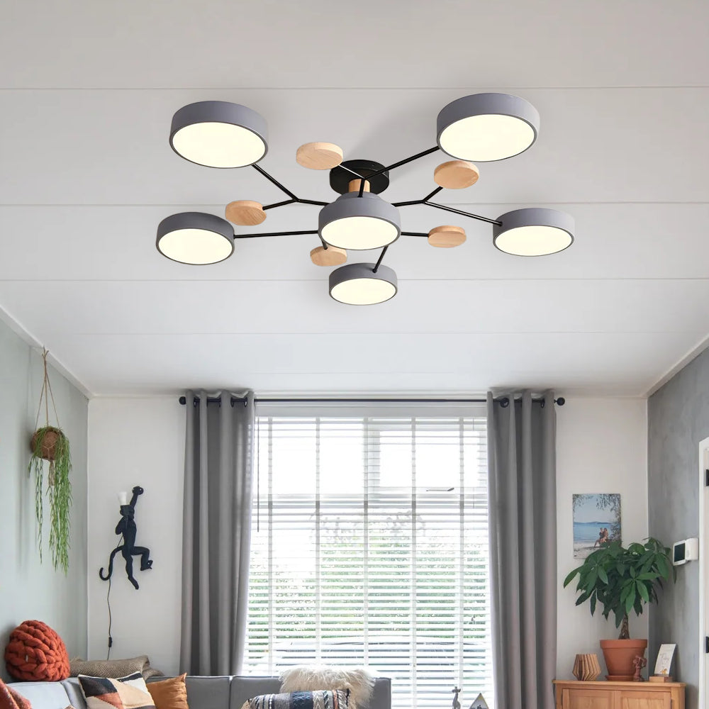 Modern Circular Multi-Light LED Ceiling Light with Wood Accents
